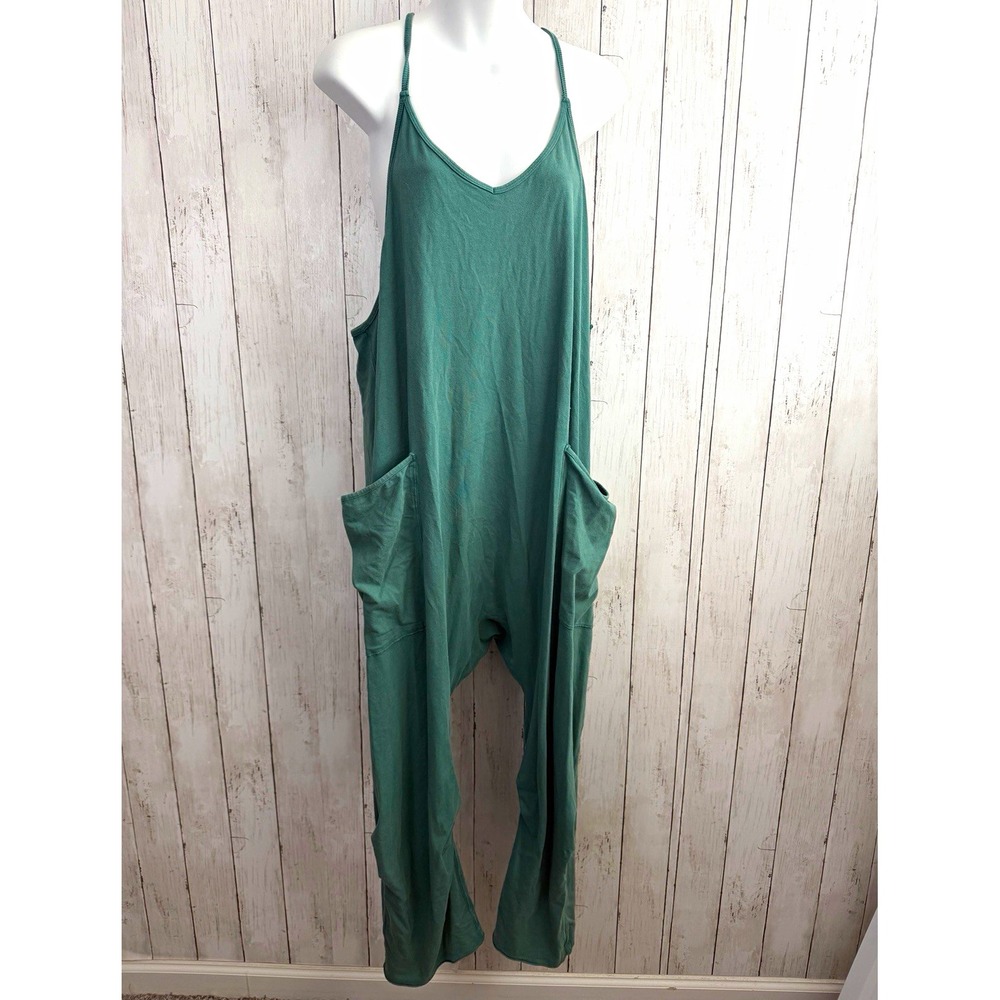 Free People Movement Green Knit Sleeveless Strappy V-Neck Jumpsuit Pockets Sz M